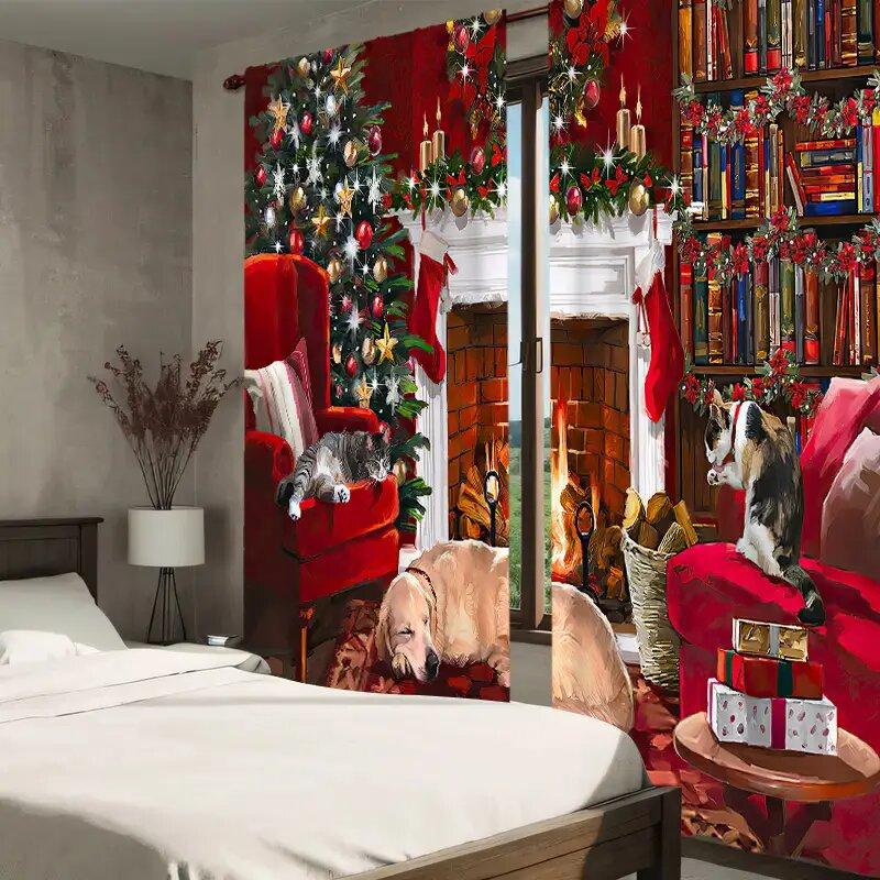 Set Of 2 Winter Snowflake Santa Claus Patterned Curtains Christmas Home Decoration Room Curtain Made Polyester