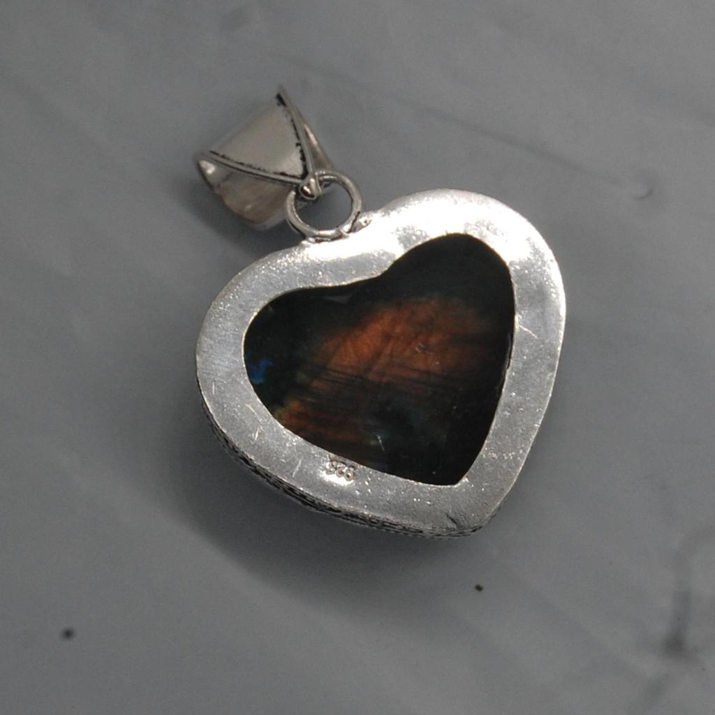 Heart Shape Red Blue Labradorite 925 Sterling Silver Pendant, Boho Style Labradorite Pendant Jewelry