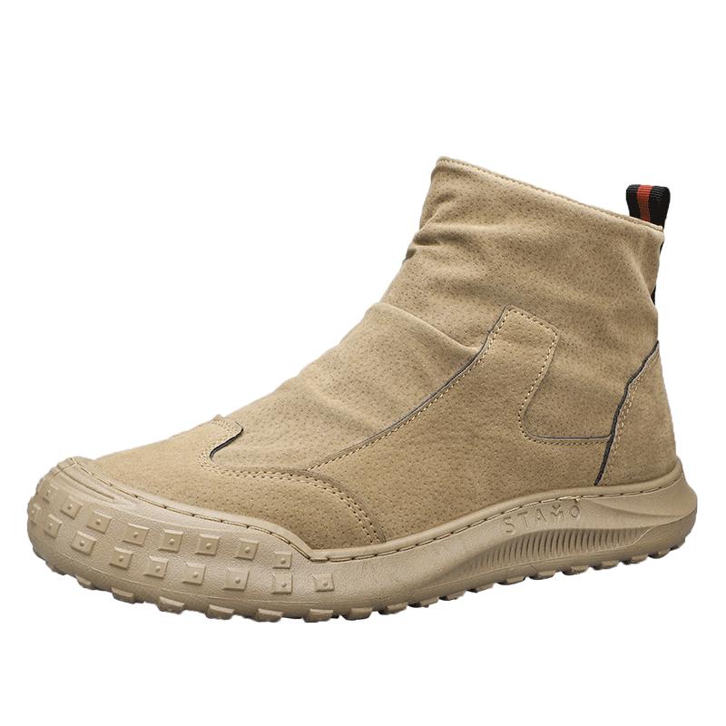 Men's Boots High Cut Workwear Shoes Autumn New Zipper Pleated Non Slip Comfort Thick Soled Wear-resistant Fashion Flat Boots