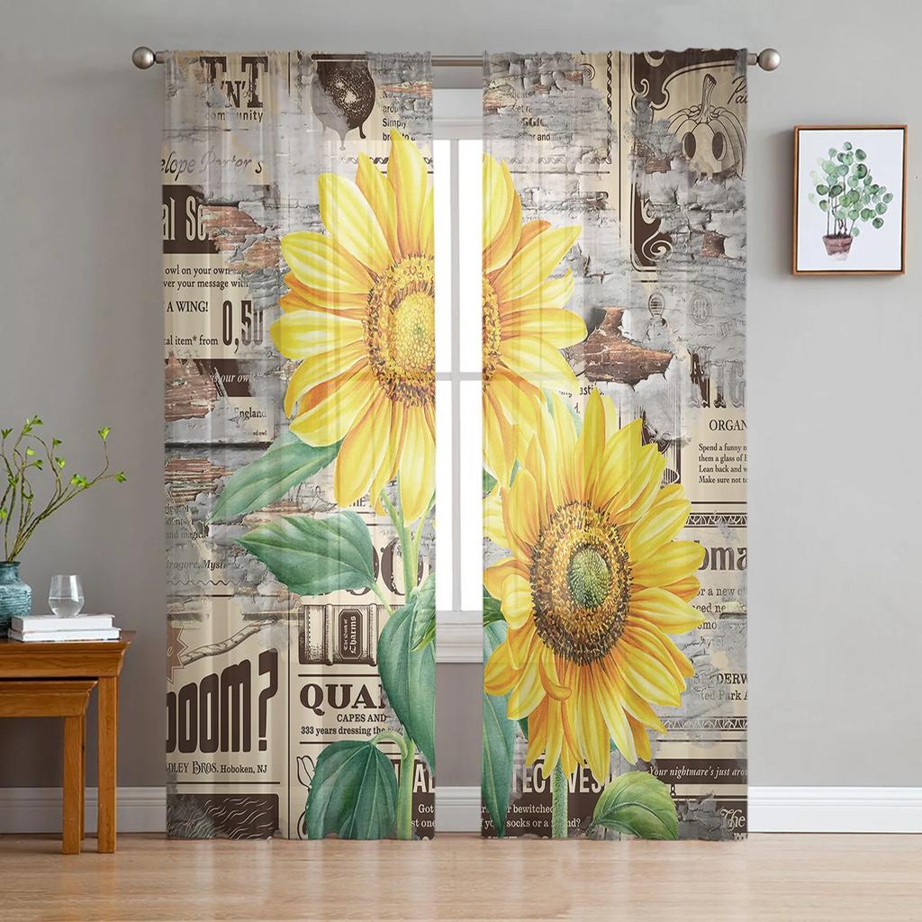 Sunflower Old Newspaper Background Sheer Curtains for Living Room Decoration Window Curtain Kitchen Tulle Voile Organza Drapes