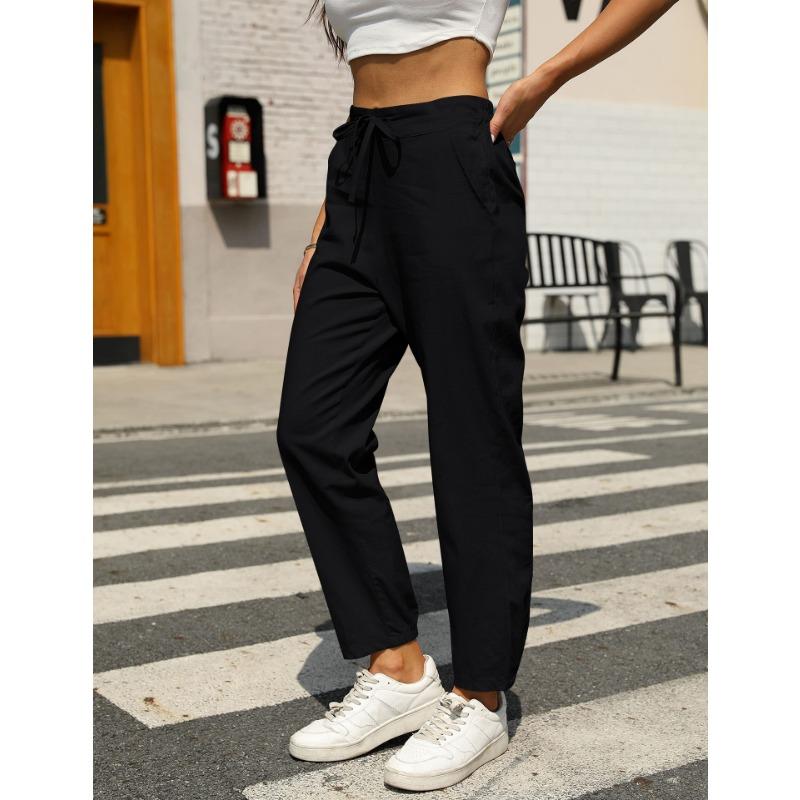 

Fashion Loose Casual Women Drawstring Pants Solid Color Spring Autumn Elastic Waist Office Simple Pockets Elegant Trousers Basic Women s Clothing S чорний