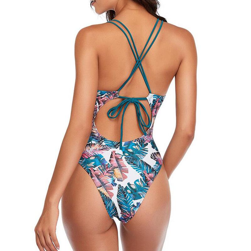 Floral Print One Piece Swimwear Deep V-Neck Women Swimsuit Cri-Cross Bathing Swimming Suit