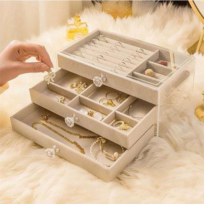3 Layer Jewelry Organizer Boxes,with Organizer Drawer, Velvet Earring Organizer, Holder Boxes for Stud Earrings, Rings