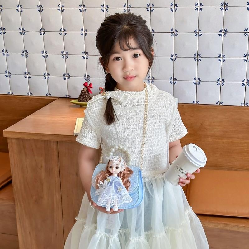Adorable Purple And Pink Cartoon Princess Shoulder Bag For Kids With Pearl Chain Strap