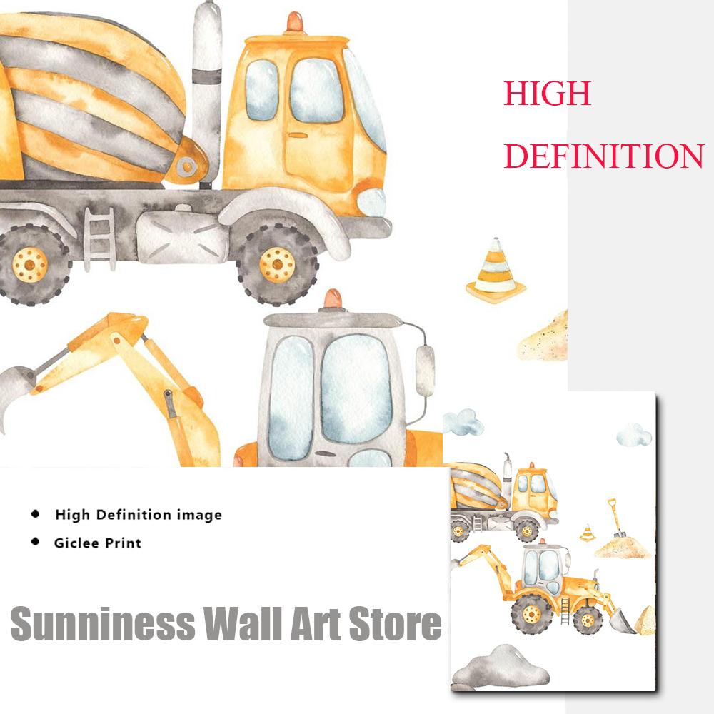 Cartoon Excavator Truck Tipper Wheel Loader Art Canvas Painting Nursery Print Child Posters Nordic Wall Pictures Boys Room Decor