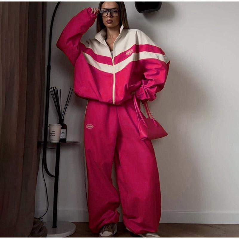 Women's Sports Suit Stripe Contrasting Design Zipper Long Sleeved Jacket with Loose Pants Casual Two-piece Set Spring and Autumn