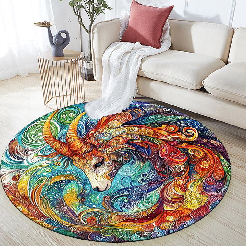 Abstract Goat and Lion Round Area Rug,Carpet Rug for Living Room Bedroom Sofa Playroom Decor,Non-slip Floor Mat