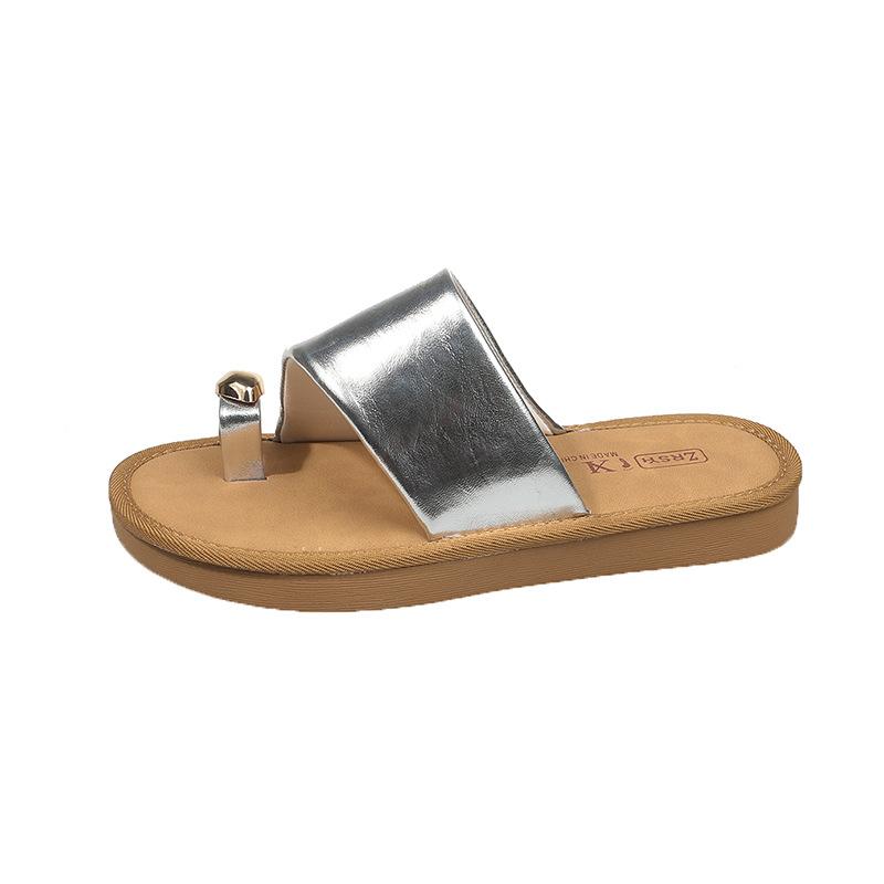 New One-pedal Toe Slippers Women's Summer 2025 Outer Wear Metal Buckle Versatile Flat Bottom One-word Cool Slippers French