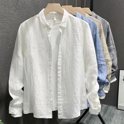 Camisa Masculina de Linho Cor Sólida Gola Lapela Manga Longa Tendência Versátil Solta Casual Jaqueta Camisa Masculina Primavera e Outono