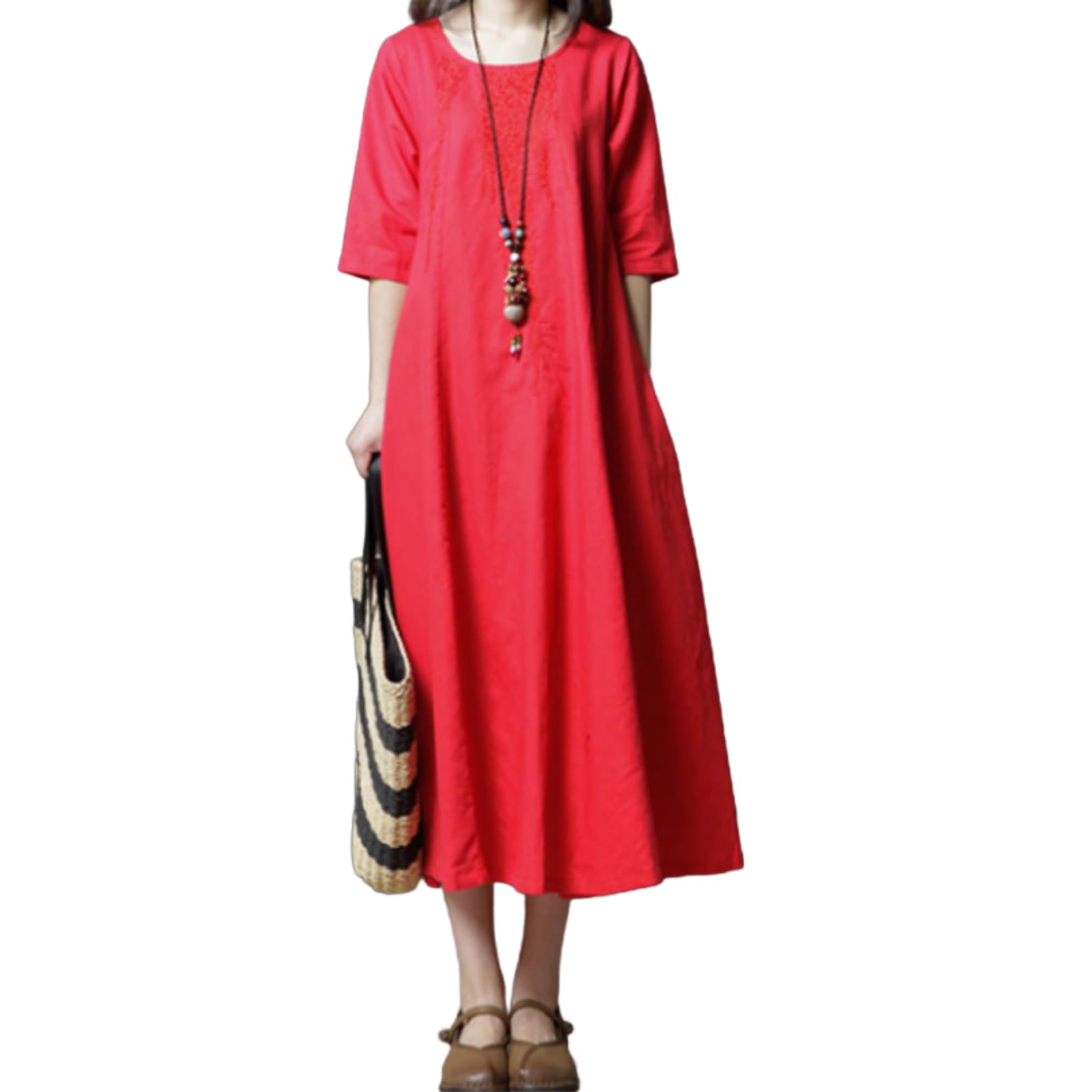 

Summer Cotton Linen Short Loose Long Maxi Round 3 Sizes Slimming Solid Color [JINJUDUO] Women s Dress, Sleeve, A-Line Dress, Length, Neck, Casual,