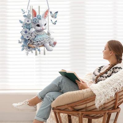 Rhinestone Painting Easter Pendant Kit Bunny 5D Rhinestone Painting Hangable Window Ornament Easter Art Craft Kit For Adult