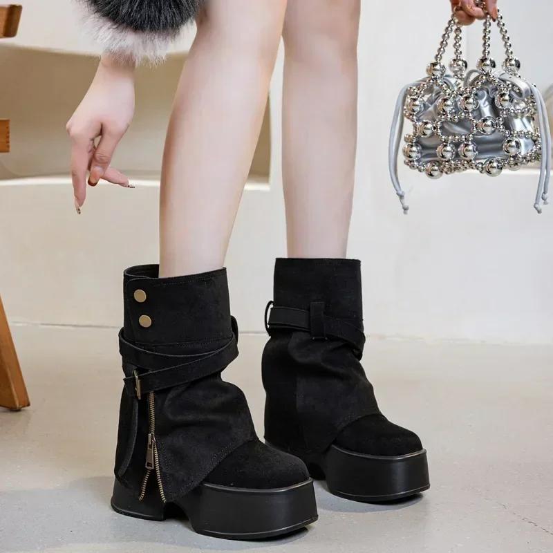 Fashion 11cm Suede Cow Genuine Leather Spring Platform Wedge Flats Women Autumn British Motorcycle Fashion ZIP Ankle Boots Shoes