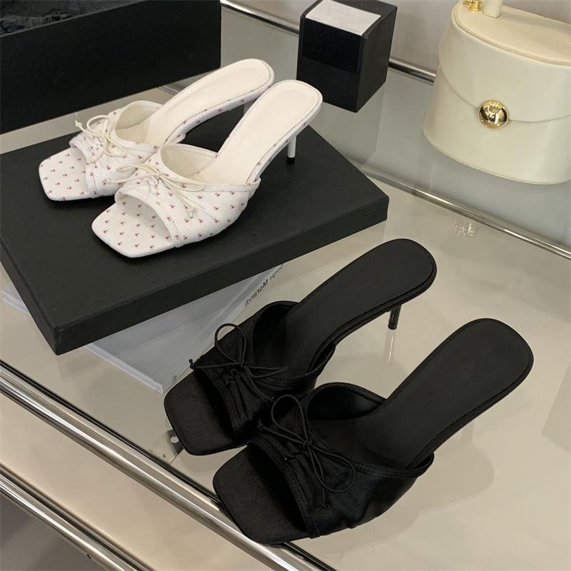 Eilyken New Flower Butterfly-kont Square Toe Women Slippers Summer Thin High Heels Banquet Slide Shoes