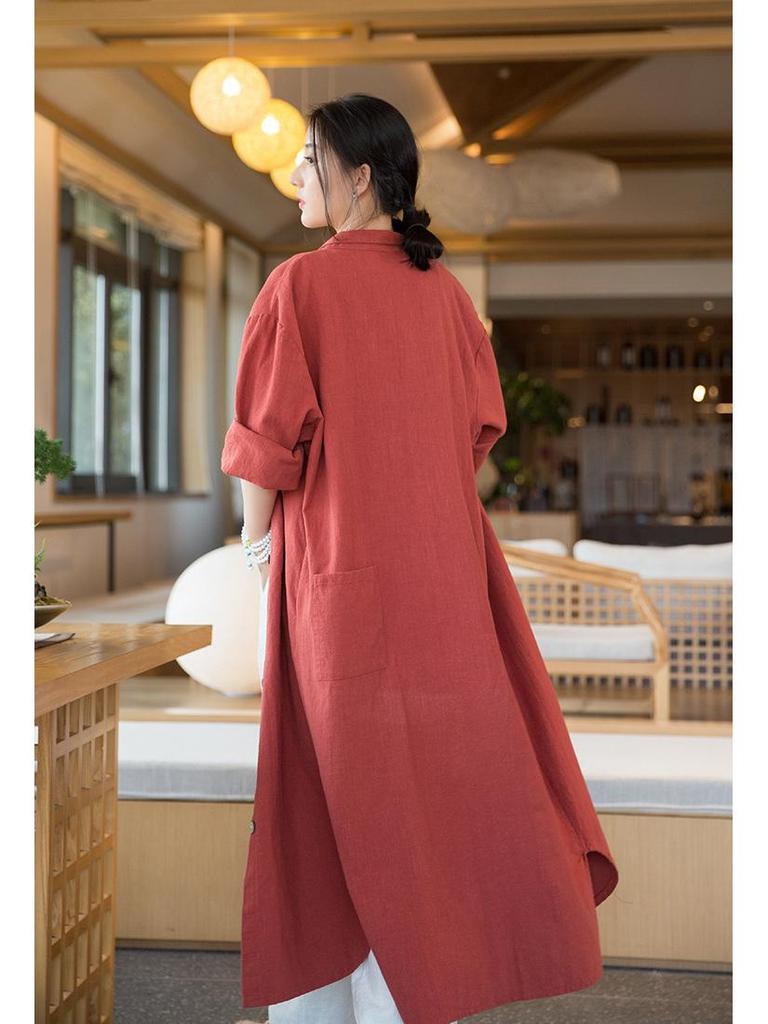 Women's Distressed Ramie Trench Coat: Casual, Slimming, and Elegant Long Cardigan