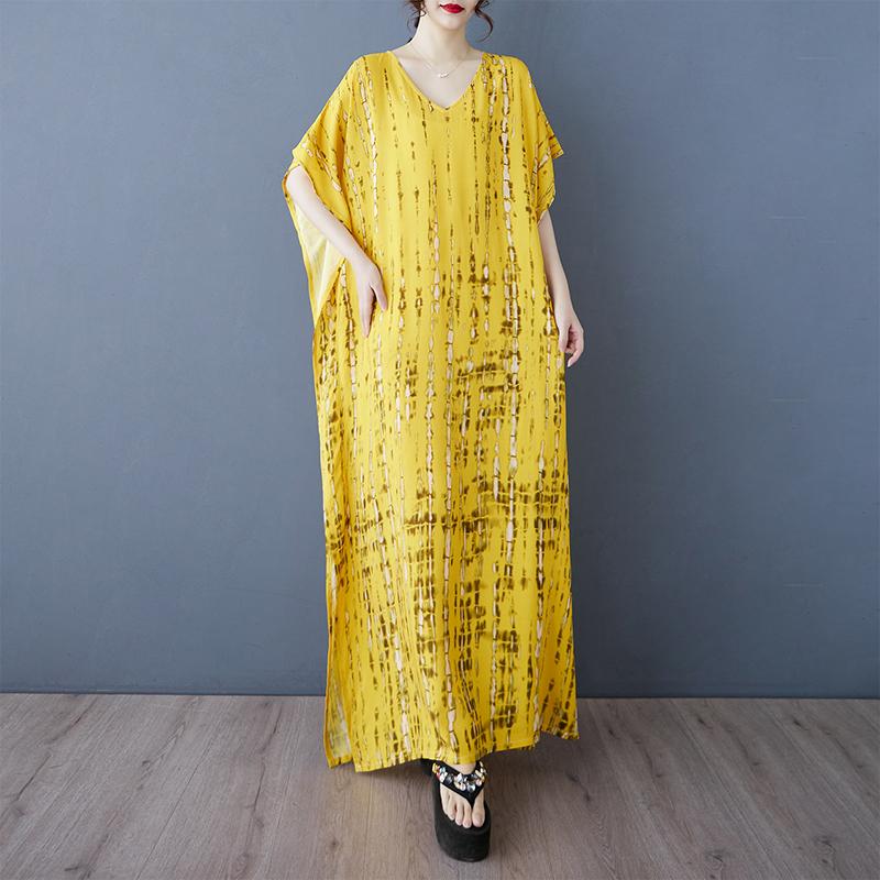 DIMANAF Nové 2025 Dámské Letní Šaty Plus Size Volné S Výstřihem do V Plážový Potisk Základní Ležérní Dlouhé Šaty Nadměrné