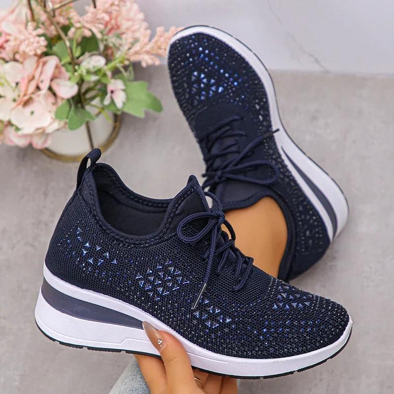 Fashion Women's Hot Pink Crystal Knitted Sneakers Autumn 2025 Shiny Rhinestone Wedge Heels Vulcanize Shoes Woman Platform Casual Shoes