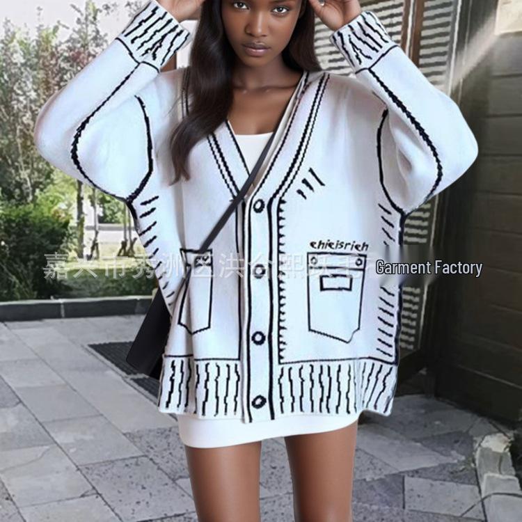 European & American Style Loose Color-block Knit Cardigan with Decorative Pockets for Women