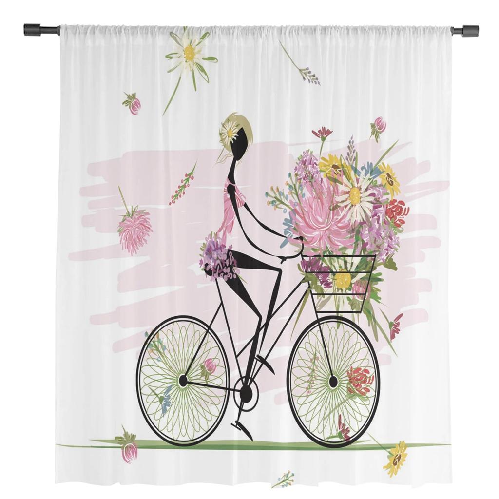 Fahrrad-Mädchen-Blumen-Cartoon-Vorhang für Schlafzimmer, Tüll-Voile-Vorhang für Küche, Wohnzimmer, Dekor, Fensterbehandlung