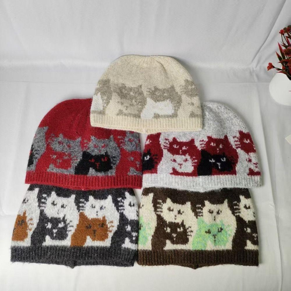 Printed Jacquard Cat Knitted Hat Warm Printing Knit Cap  Apparel Accessories