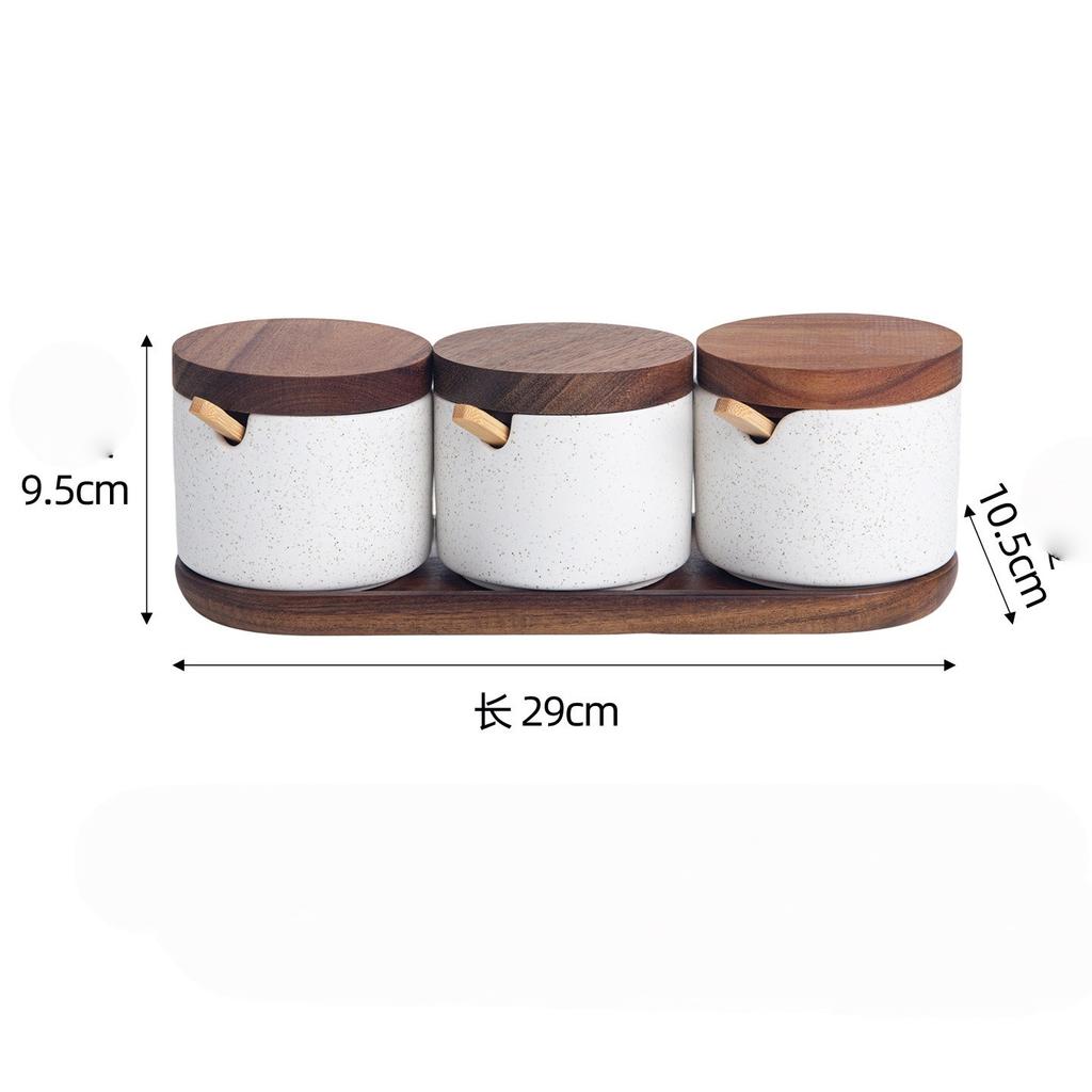 Japanese Style Ceramic Seasoning Jar Set Spice Jar Bottle With Spoon Kitchen Sugar Salt Spices Storage Box with Tray Pepper Jar