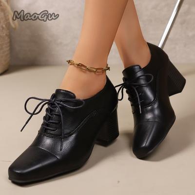 Lace Up Vintage Square Toe High Heel Leather Shoes for Women  Autumn Plus Size 36-43 Chunky Heeled Pumps Office Ladies