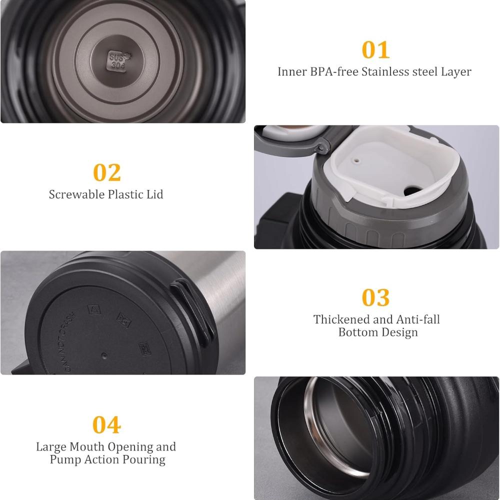 Vakuumisolierte Flasche - 2L Großes Fassungsvermögen Edelstahl Metall Wasserflasche für Heiße und Kalte Getränke, Thermoskanne mit BPA-freiem Becher, Tragbar