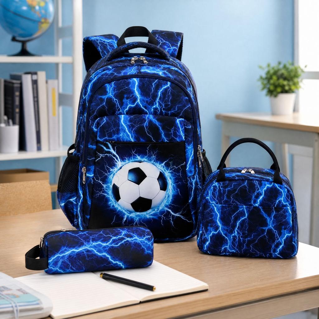 Jongens Voetbal Rugzak Set 3-Delig met Meerdere Vakken, Lunchtas en Etui