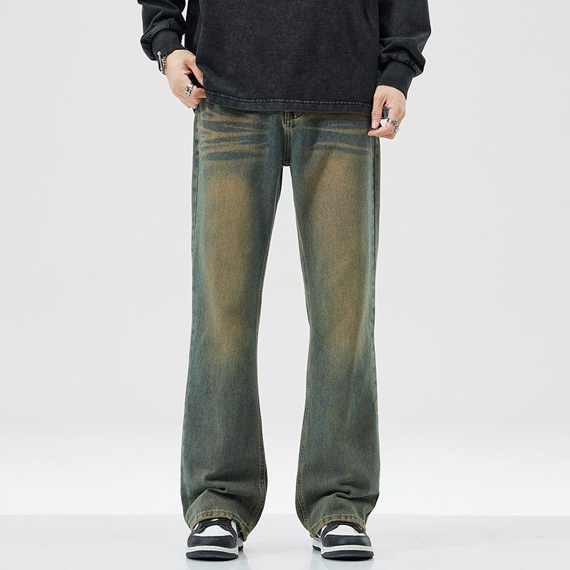 Men's Washed Retro Blue Micro-Flare Jeans - Spring/Summer Straight Loose American Trend, Wide Leg Long Pants