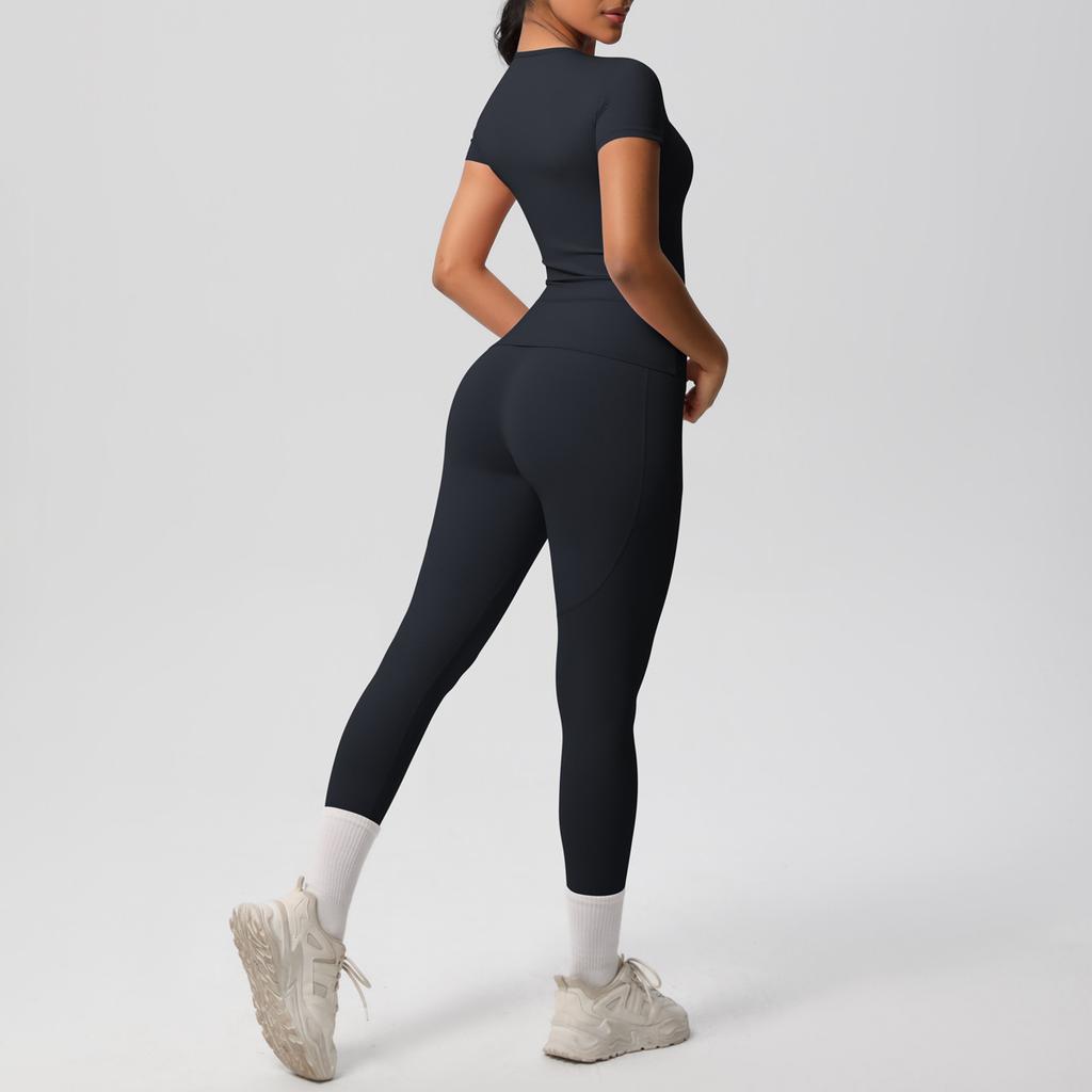 Solid Color Double-sided Brushed Breathable High Elasticity Tight Yoga Suit Set, Sports Running Fitness Two-piece Set