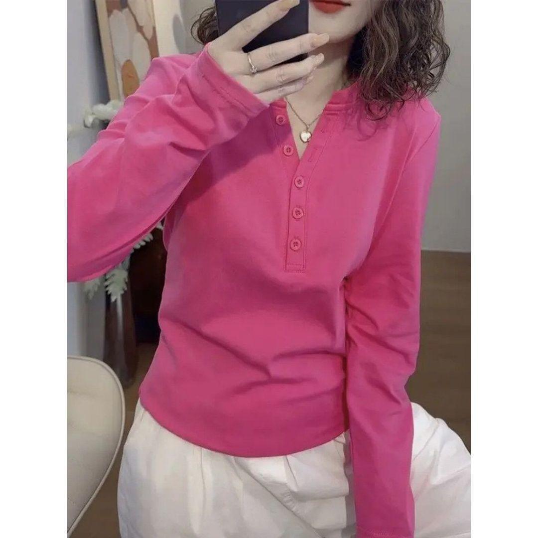 

Plus Size Women s German Velvet Half-Zip Long Sleeve T-Shirt - Slimming Autumn/Winter Base Layer Top L (101-120 lbs) рожевий червоний колір