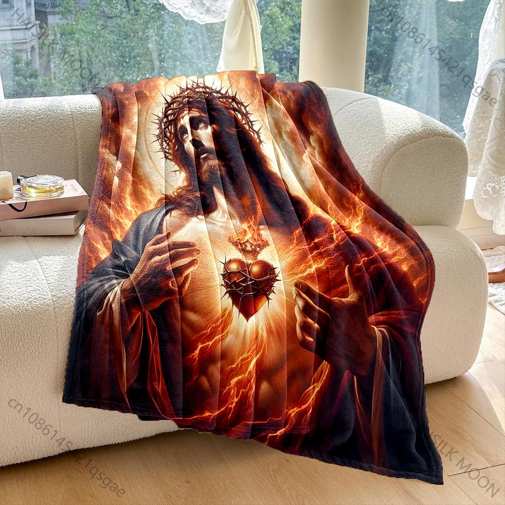 1 ST Brandend Heilig Hart met Kroon Print Dekent Warm Zacht Pluizig Kinderen en Volwassenen Bank Bed Plaid Buiten Reizen Kamperen