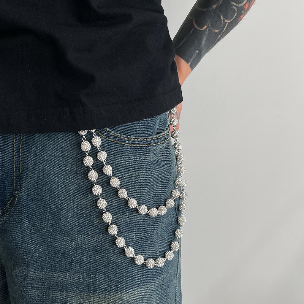 Hip-Hop Style Diamond-Encrusted Diamond Ball Jeans Chain, High-End Full Diamond Bead Chain Waist Chain Pendant