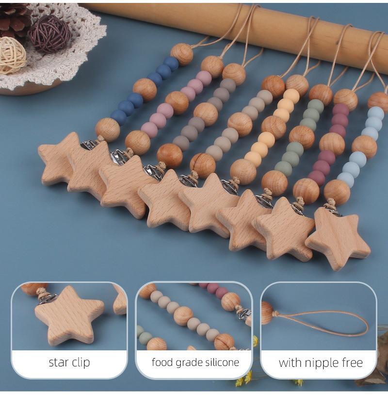 Baby Pacifier Clip Chain Wooden Star Holder Soother Pacifier Clip Leash Strap Nipple Holder For Infant Nursing Nipple Clip Chain