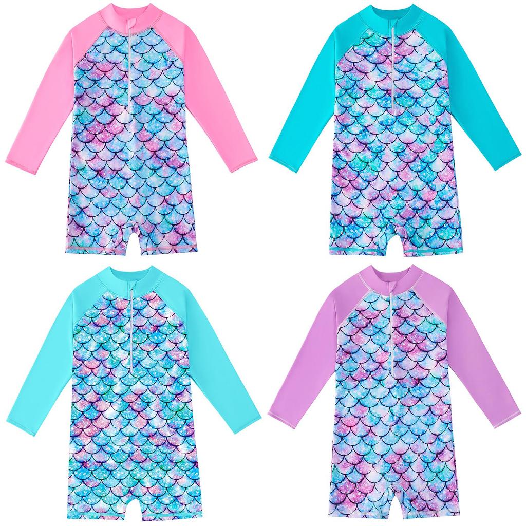 Long Sleeve Mermaid One-Piece Girls' Swimsuit with Sun Protection