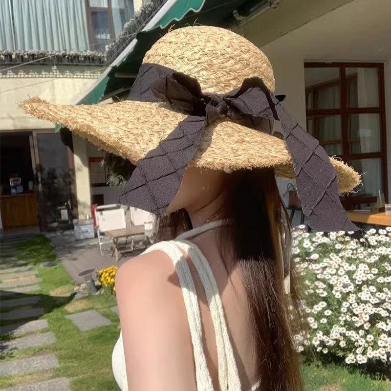 Summer French Breasted Raffia Straw Hat Women's Big Hat Brim Sun Protection Hat Beach Beach Bow Knit Hat
