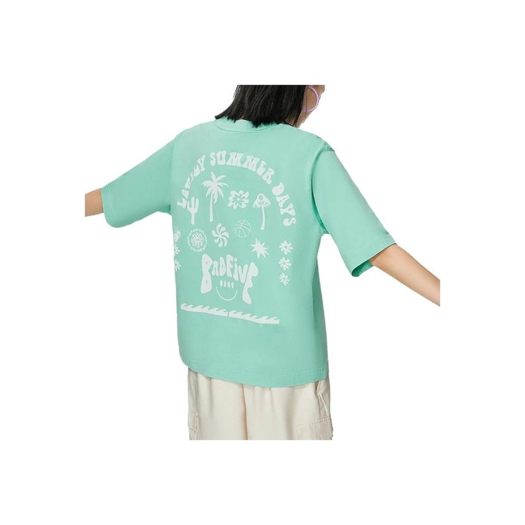 Li Ning Badfive Series Cartoon Letter Print Loose Round Neck Short Sleeve T-Shirt Women Tops Ice-Green AHSS740-2