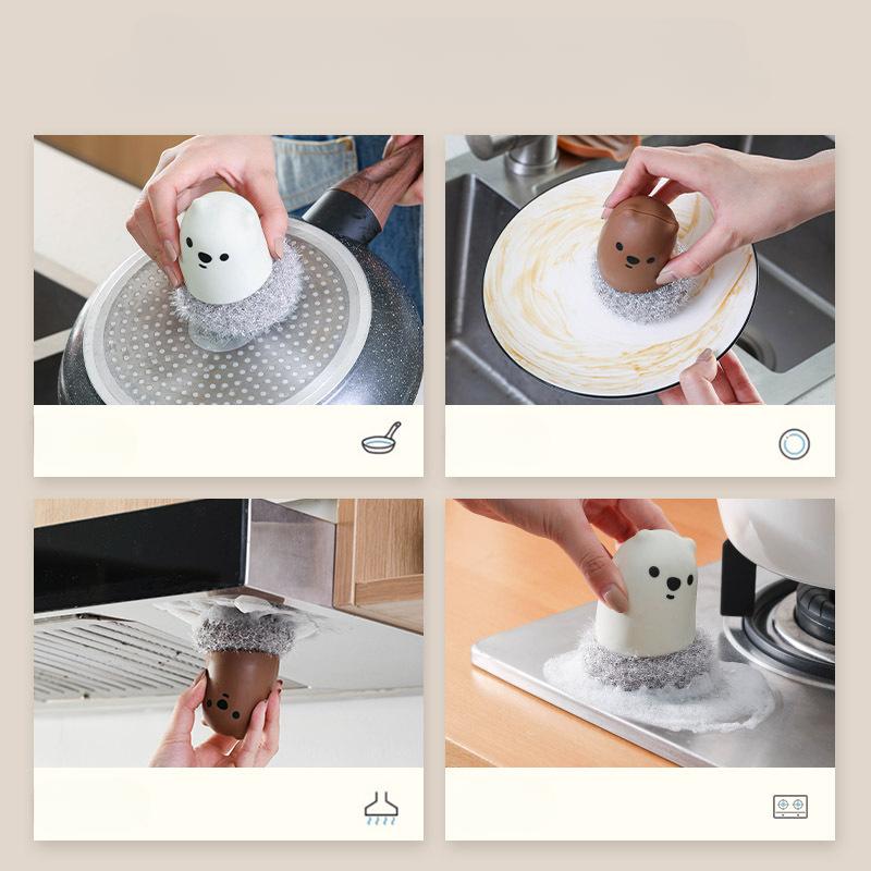 New Model, Cartoon Teddy Bear Pot Brush with Handle, Cleaning Brush, Kitchen Dishwashing Brush, Household Use, No Shedding Dishwashing Brush