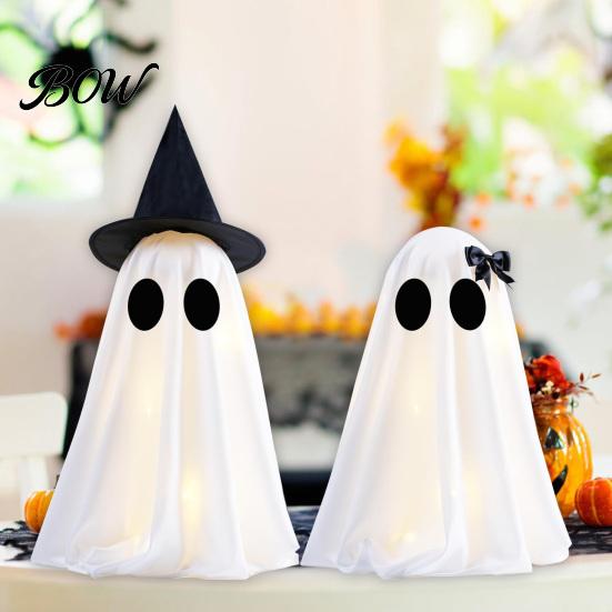 Halloween Ghost Decoration Decoration, Light-Up with Witch Hat/Bow, Spooky Decor Standing for Porch Yard Outdoor Ghost-themed