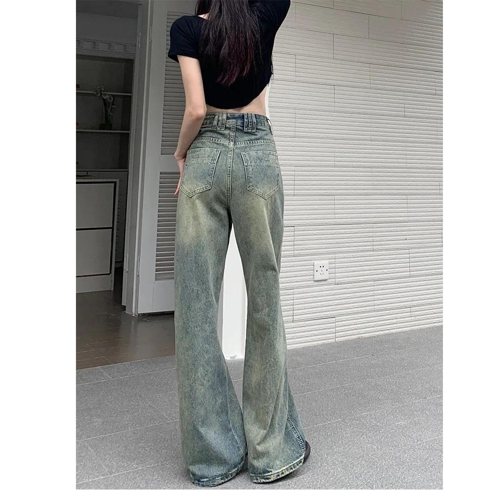 Women's High Waist Distressed Retro Wide Leg Jeans - Summer Slimming Straight Fit, Floor-Length