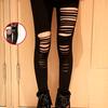 Black Punk Ripped Torn Slashed Cut Striped Leggings Pants Gothic Club Asymmetric Hole Elastic Skinny Pencil Pants For Women Girl