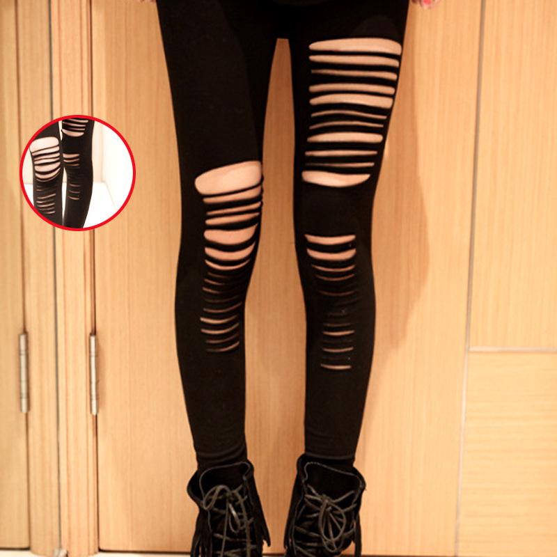 Black Punk Ripped Torn Slashed Cut Striped Leggings Pants Gothic Club Asymmetric Hole Elastic Skinny Pencil Pants For Women Girl