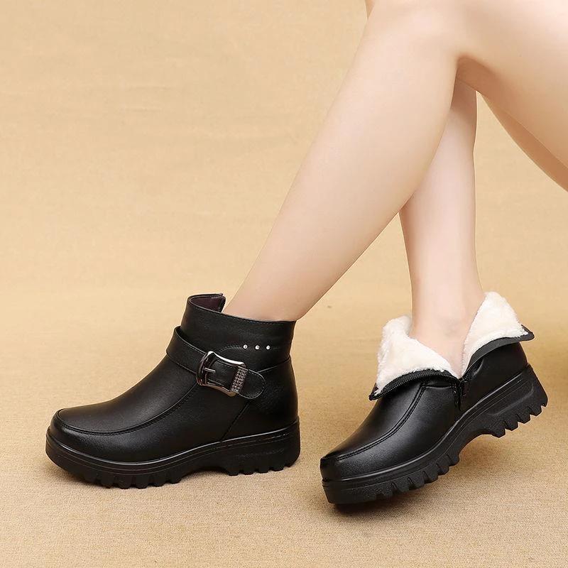 Artificial Leather Boots Winter Middle-aged Flat Bottom Shoes for Woman's Warm Cotton Shoes Soft Bottom Non-slip Wool Women Boots