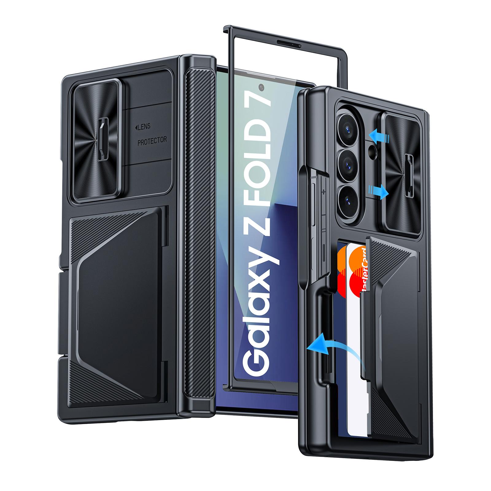 For Samsung Galaxy Z Fold 7 Case with Card Holder RFID Blocking,Built in Slide Lens Cover&Hinge Protection&Screen Protector,Wallet Case-Champagne чёрный