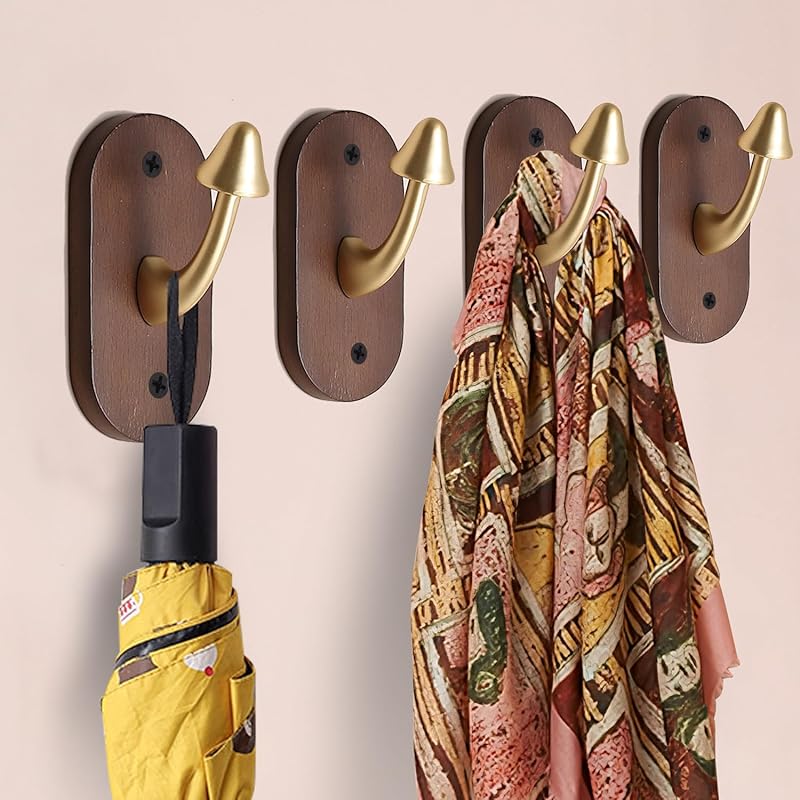 4 Pcs Mushroom Hooks, Mushroom Coat Hooks Wooden Base with Zinc Alloy Hooks To Highlight Vintage Feeling, Decorative Wall Hook Hooks for Hanging Coat