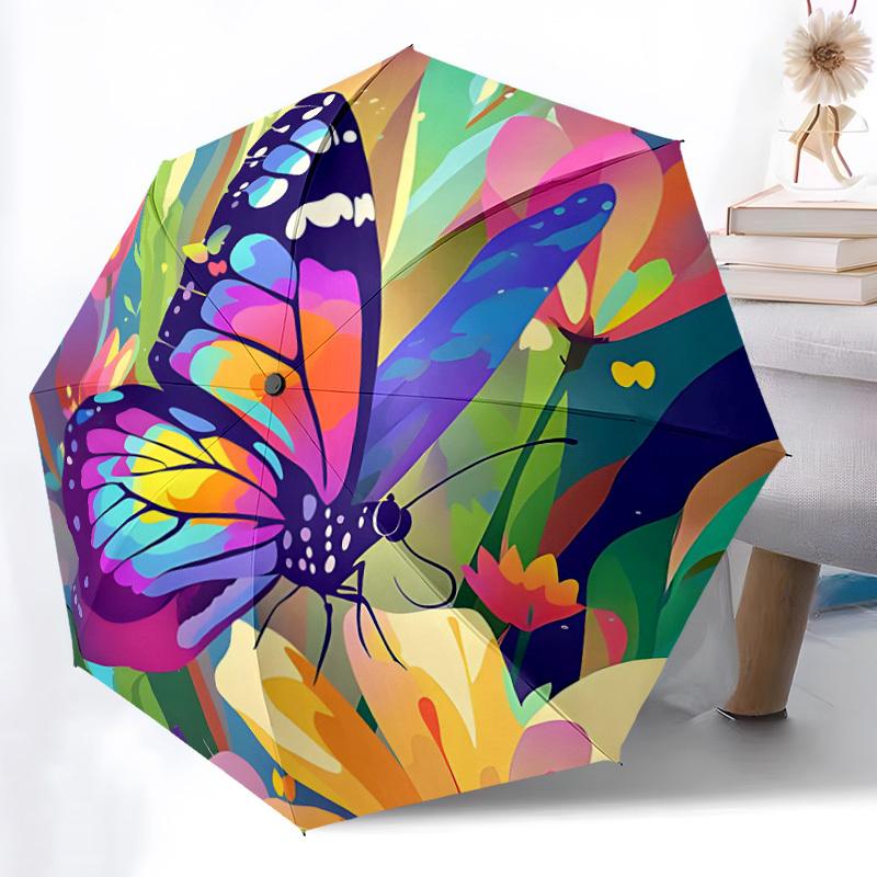 1pc Butterfly Garden Pattern Automatic Folding Umbrella - Compact 8-Rib Design, Durable Plastic & Iron, Lightweight for Outdoor Daily Use