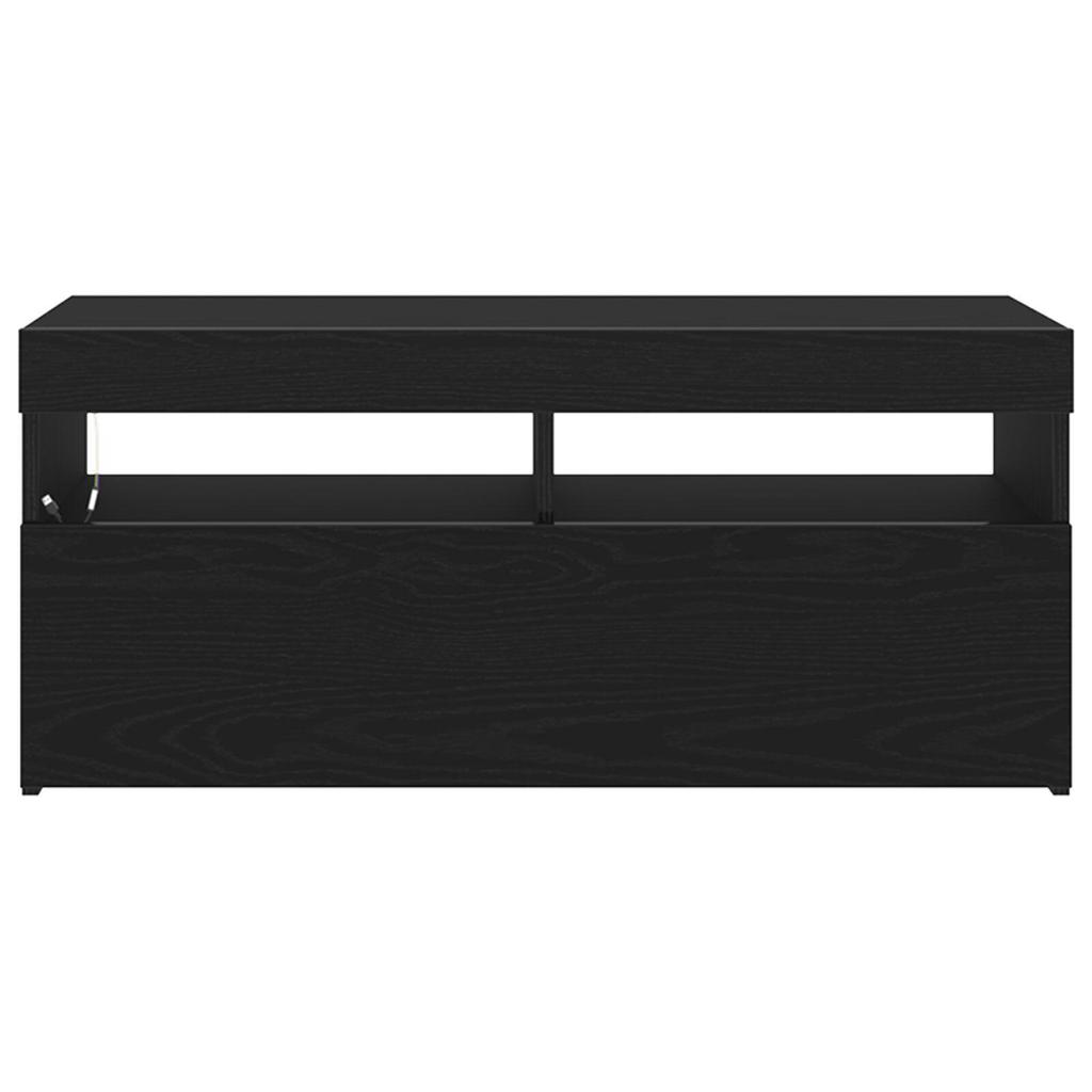 TV-Schrank In Schlichter Eiche Schwarz, Offenes Ablagefach Mit Zweischalentür, Mehrzweckschrank, 90 X 35 X 40 Cm