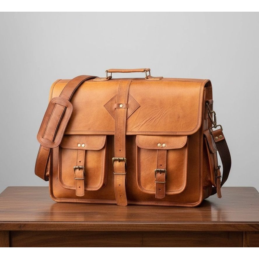 

Коричневая кожаная сумка-мессенджер ручной работы для мужчин, стильный универсальный мужской коричневый кожаный портфель для ноутбука, кожаная сумка для ноутбука 18 x 13 x 5 in коричневый