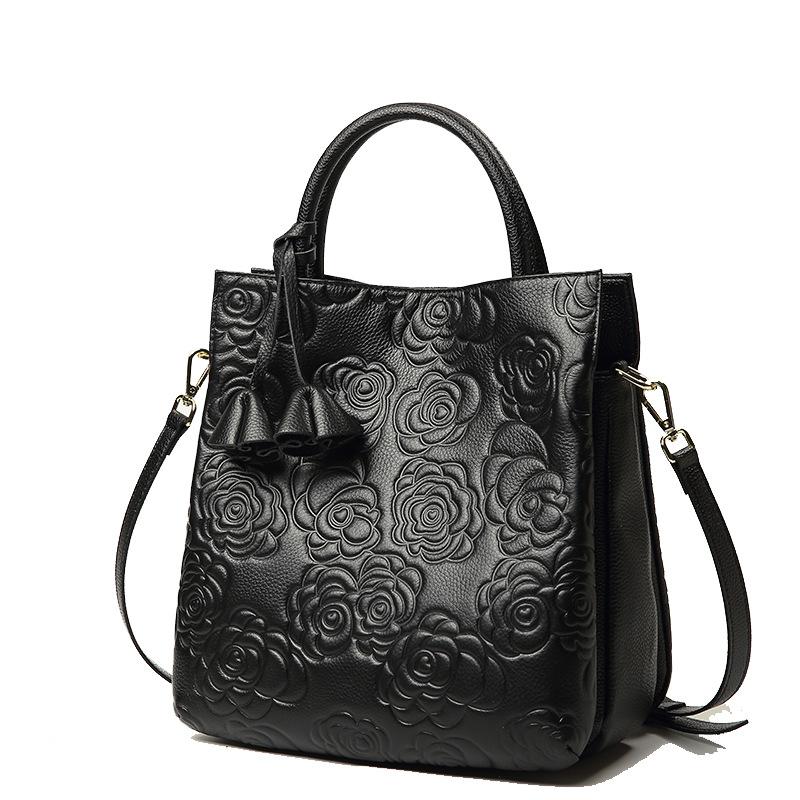Genuine Leather Women's Bag Cowhide Bag Camellia Tote Stylish Large Bag Shoulder Crossbody Bag