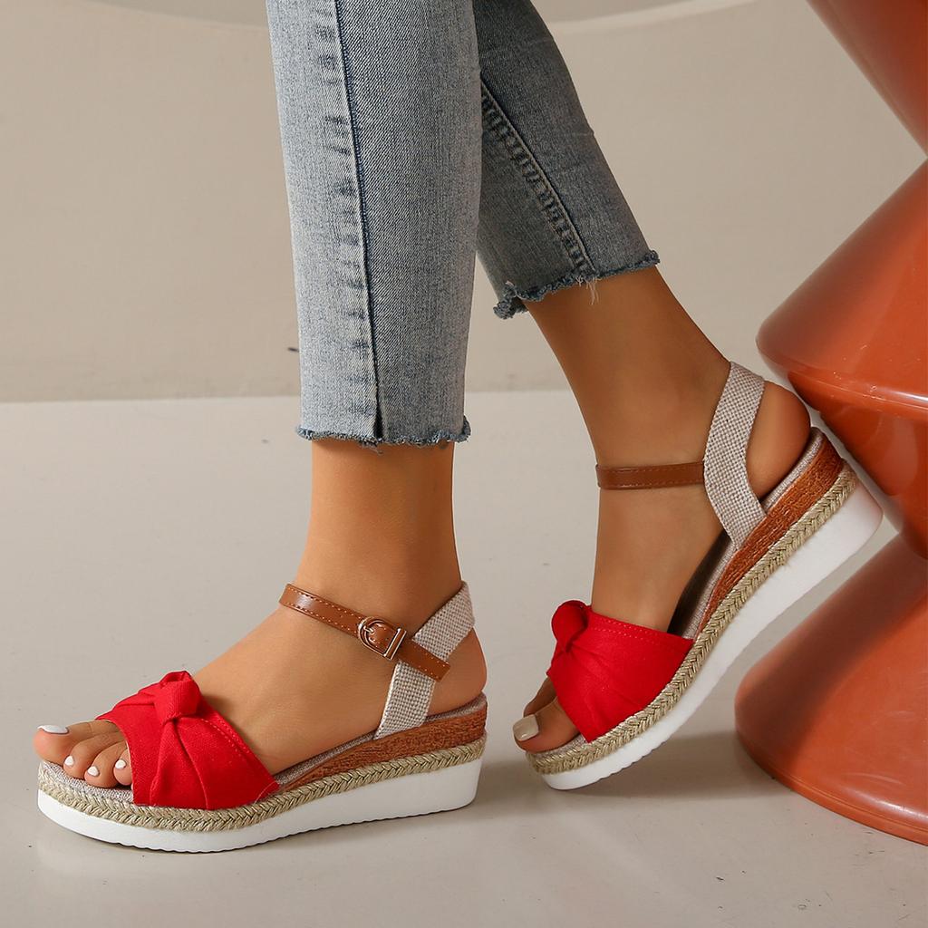 Women Summer Knotted Open Toe Ankle Strap Wedge Sandals Platform Thick Sole Casual Outdoor Shoes