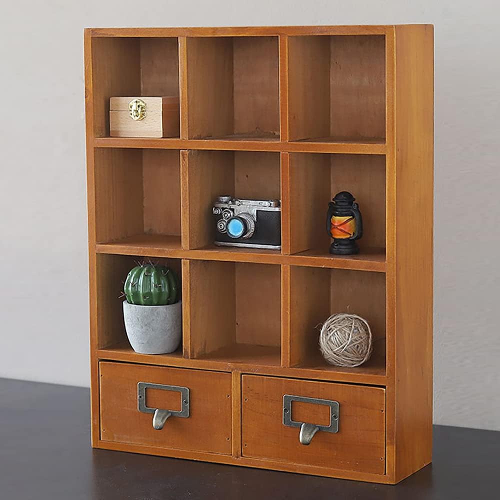 9 Compartment Wooden Storage Cabinet, Vintage Wooden Display Organizer with Two Drawer, Wall Mount or Freestanding